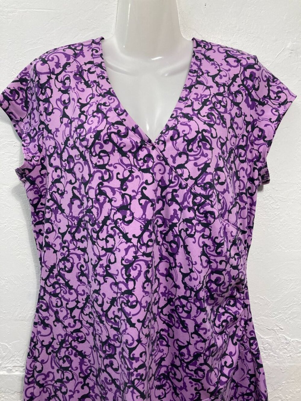 Athleta Nectar Faux Wrap Dress Purple Vine Scroll Paisley V-Neck Ruched L? - Picture 3 of 11